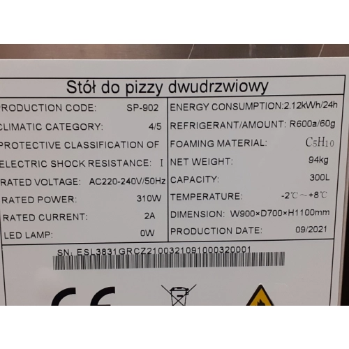 SP-902 Stół do pizzy 2-drzwiowy, GN 1/1, 288 l